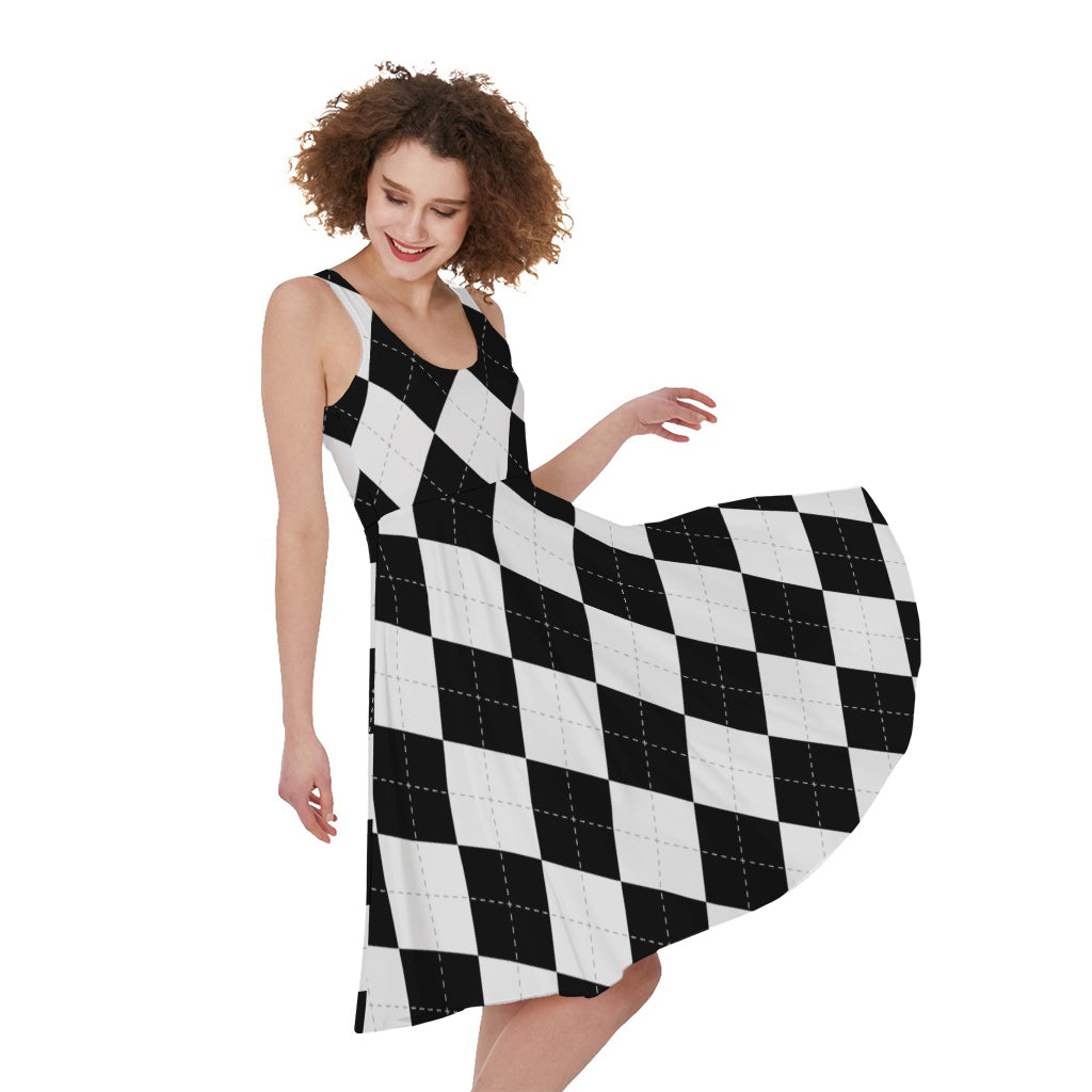 White And Black Argyle Pattern Print Women's Sleeveless Dress
