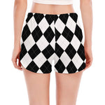 White And Black Argyle Pattern Print Women's Split Running Shorts