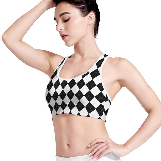 White And Black Argyle Pattern Print Women's Sports Bra