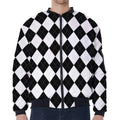White And Black Argyle Pattern Print Zip Sleeve Bomber Jacket