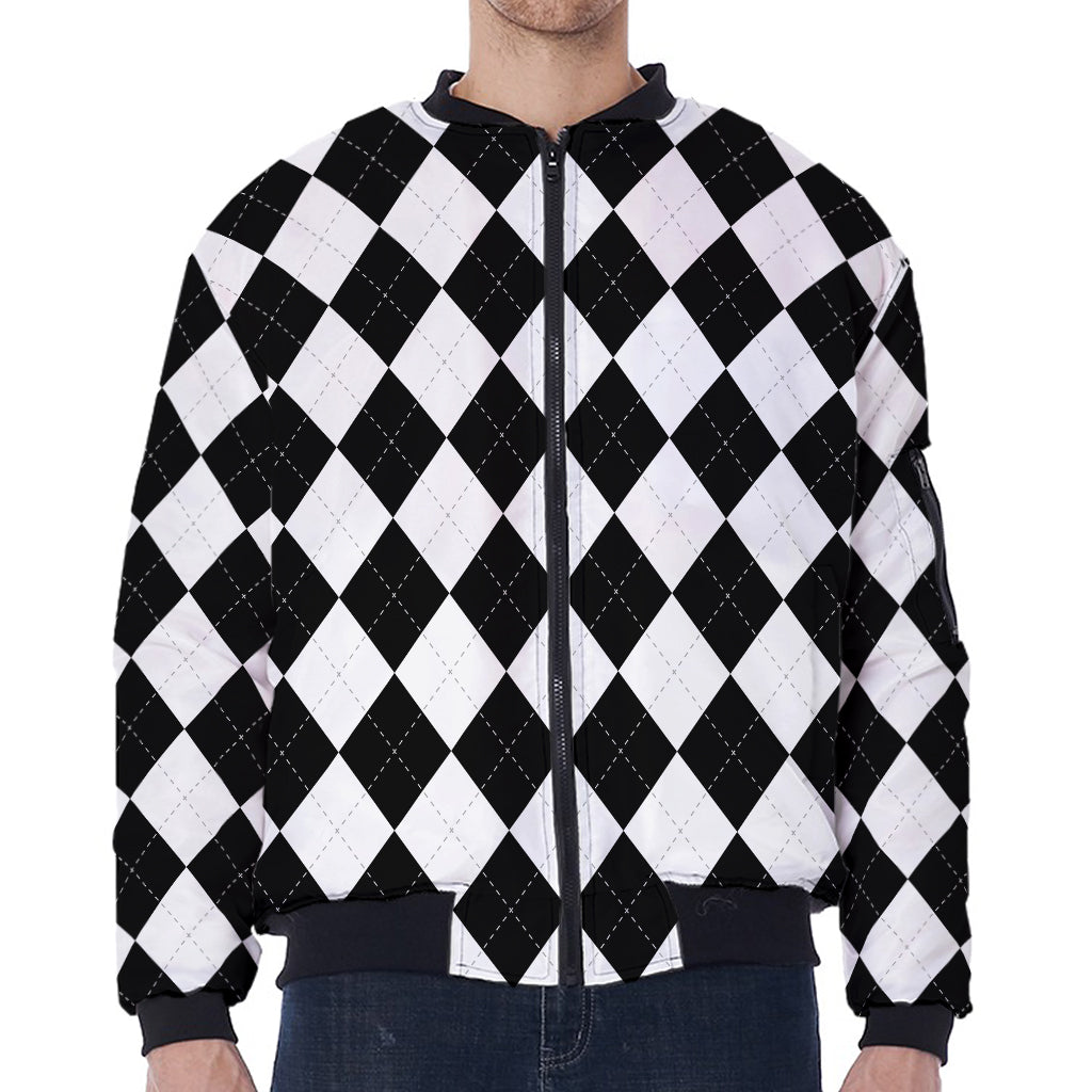 White And Black Argyle Pattern Print Zip Sleeve Bomber Jacket