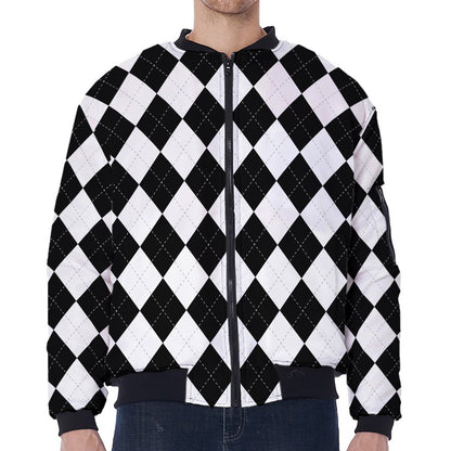 White And Black Argyle Pattern Print Zip Sleeve Bomber Jacket