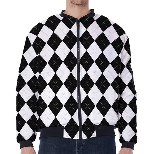 White And Black Argyle Pattern Print Zip Sleeve Bomber Jacket