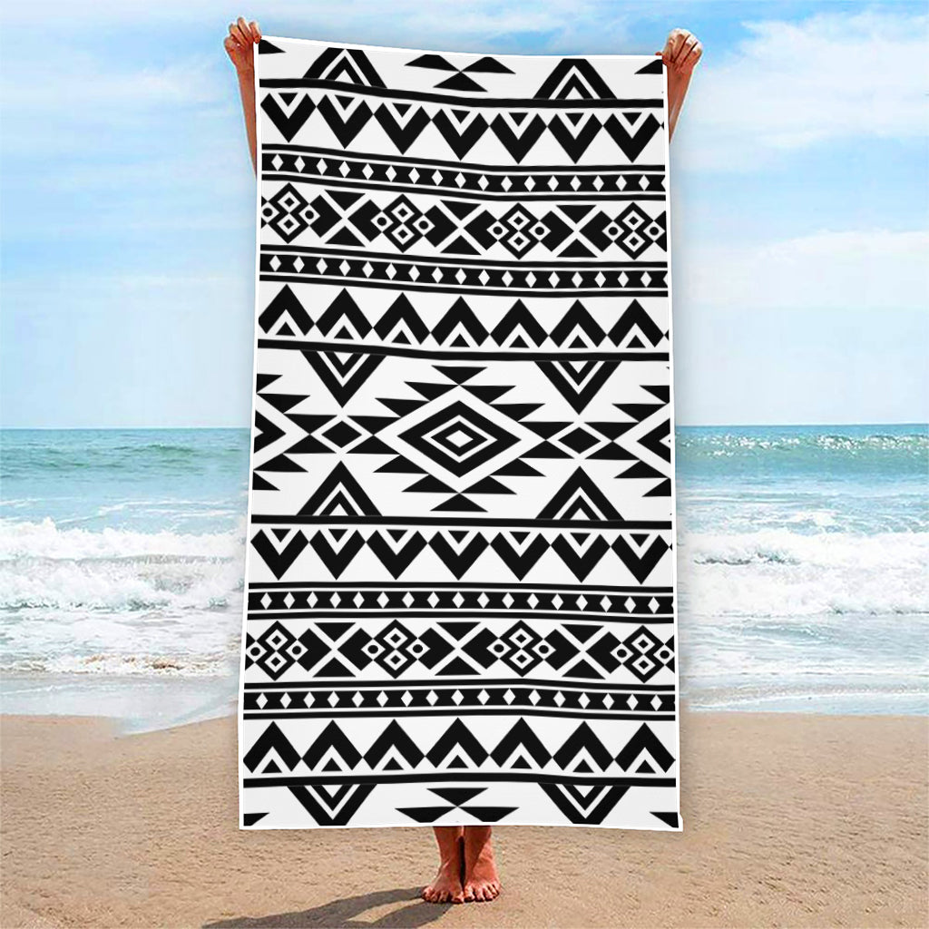 White And Black Aztec Pattern Print Beach Towel