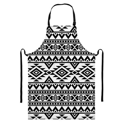 White And Black Aztec Pattern Print Bib Apron With Pocket