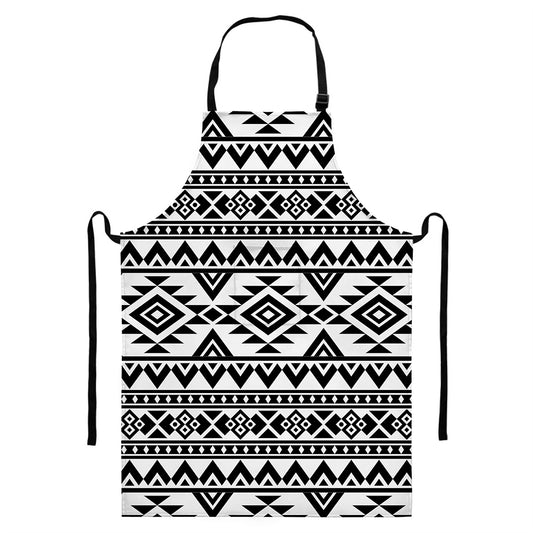 White And Black Aztec Pattern Print Bib Apron With Pocket