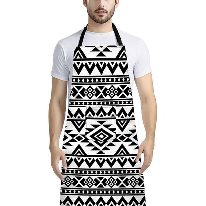 White And Black Aztec Pattern Print Bib Apron With Pocket