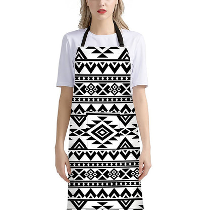 White And Black Aztec Pattern Print Bib Apron With Pocket