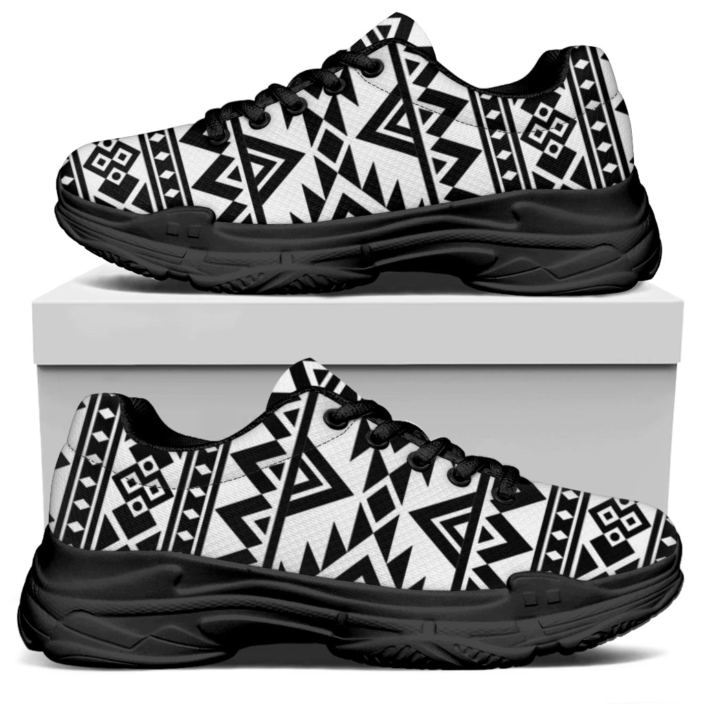 White And Black Aztec Pattern Print Black Chunky Shoes