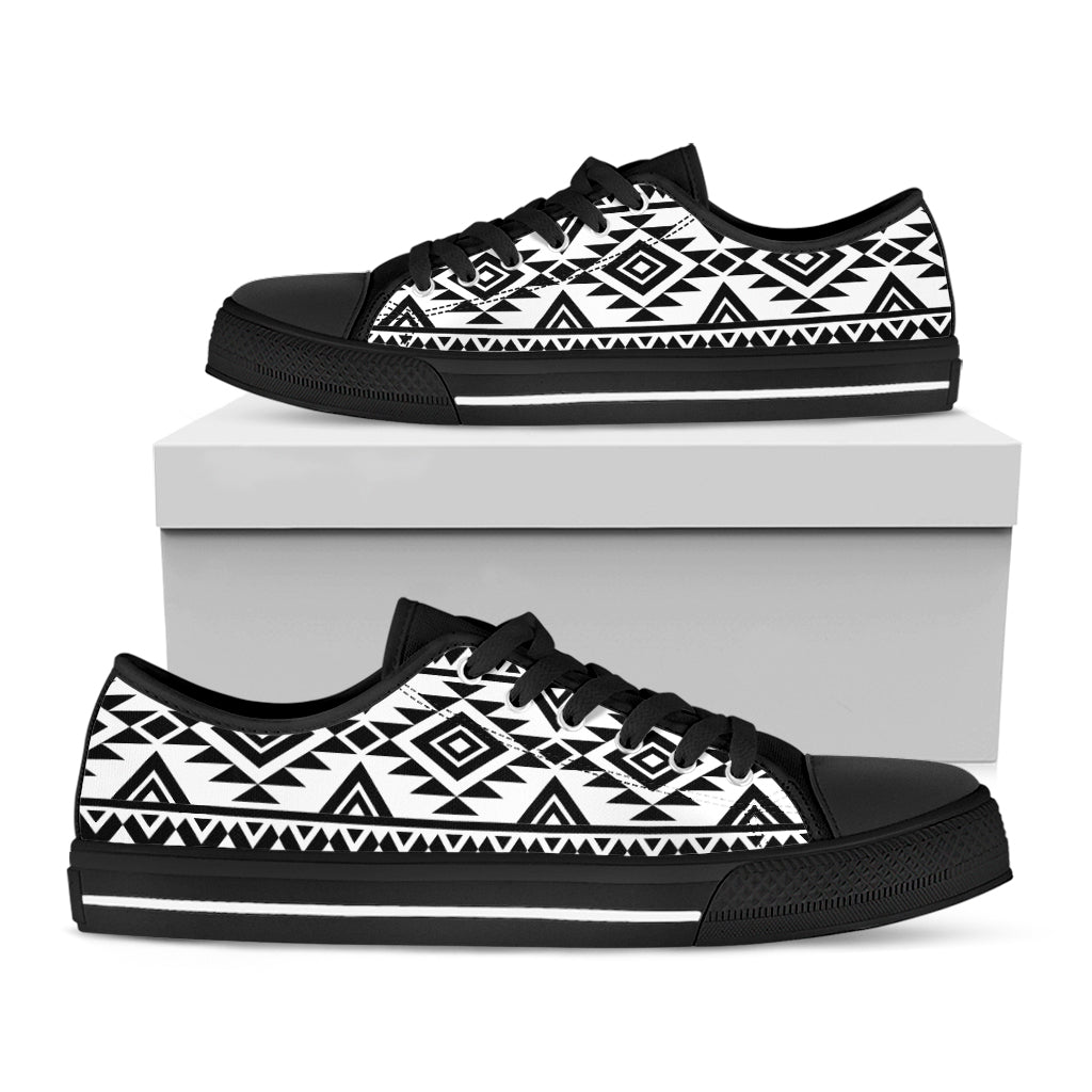 White And Black Aztec Pattern Print Black Low Top Sneakers