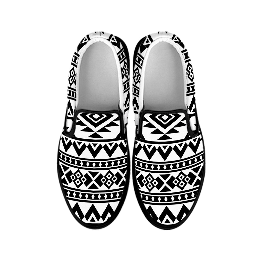 White And Black Aztec Pattern Print Black Slip On Sneakers