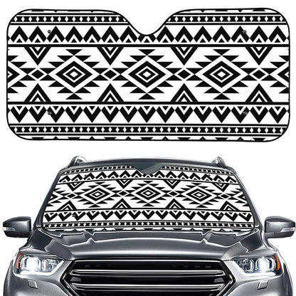 White And Black Aztec Pattern Print Car Windshield Sun Shade