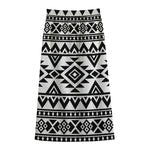 White And Black Aztec Pattern Print Cotton Front Slit Maxi Skirt