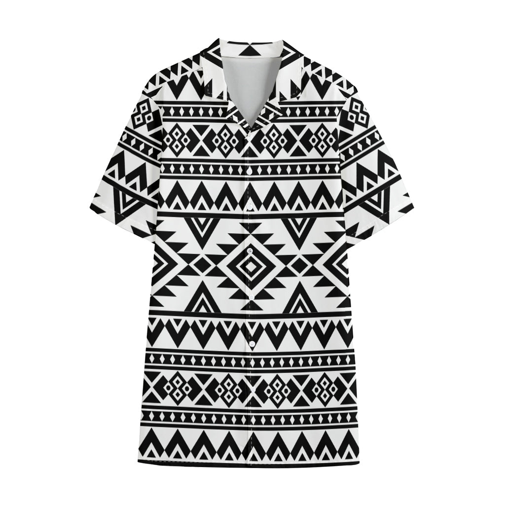 White And Black Aztec Pattern Print Cotton Hawaiian Shirt