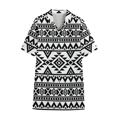 White And Black Aztec Pattern Print Cotton Hawaiian Shirt