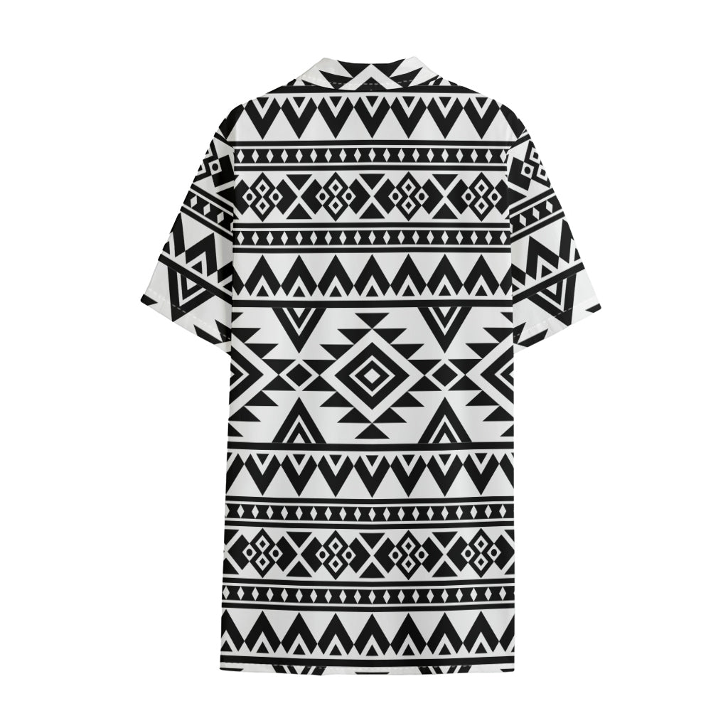 White And Black Aztec Pattern Print Cotton Hawaiian Shirt