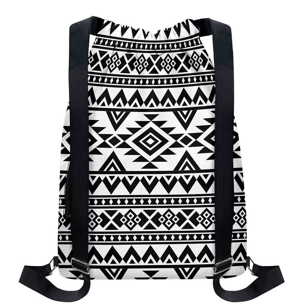 White And Black Aztec Pattern Print Drawstring Backpack