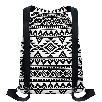 White And Black Aztec Pattern Print Drawstring Backpack