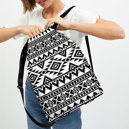 White And Black Aztec Pattern Print Drawstring Backpack