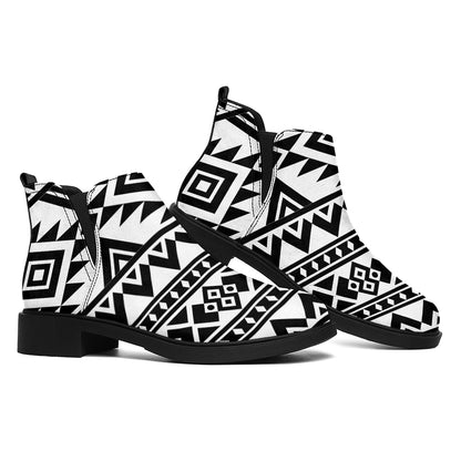 White And Black Aztec Pattern Print Flat Ankle Boots