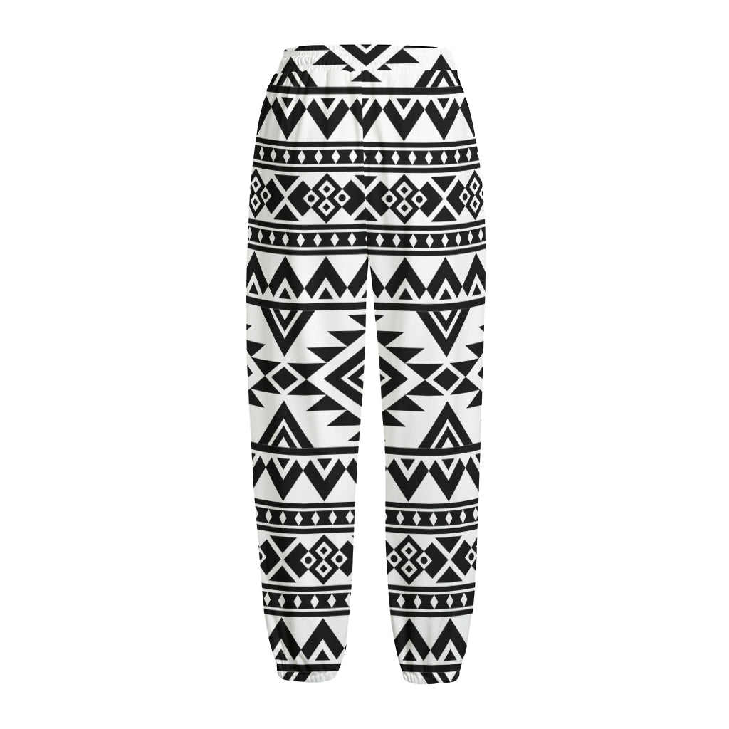 White And Black Aztec Pattern Print Fleece Lined Knit Pants