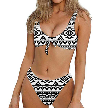 White And Black Aztec Pattern Print Front Bow Tie Bikini