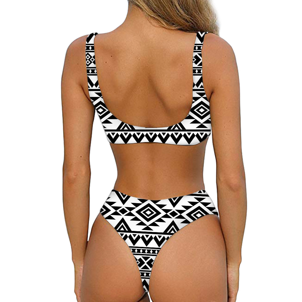 White And Black Aztec Pattern Print Front Bow Tie Bikini