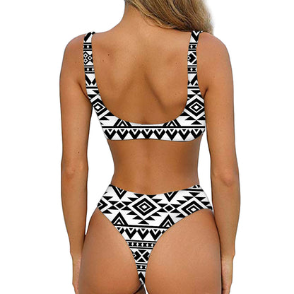 White And Black Aztec Pattern Print Front Bow Tie Bikini