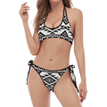 White And Black Aztec Pattern Print Halter Scoop Tie Side Bikini