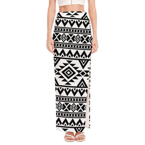 White And Black Aztec Pattern Print High Slit Maxi Skirt