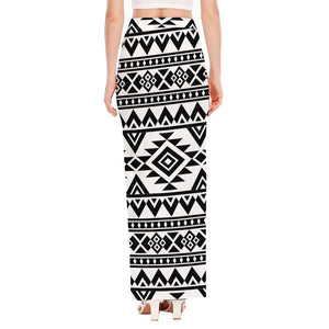 White And Black Aztec Pattern Print High Slit Maxi Skirt