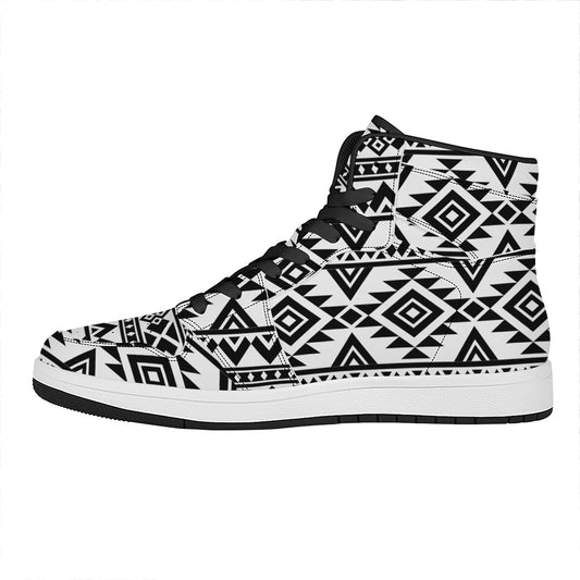 White And Black Aztec Pattern Print High Top Leather Sneakers