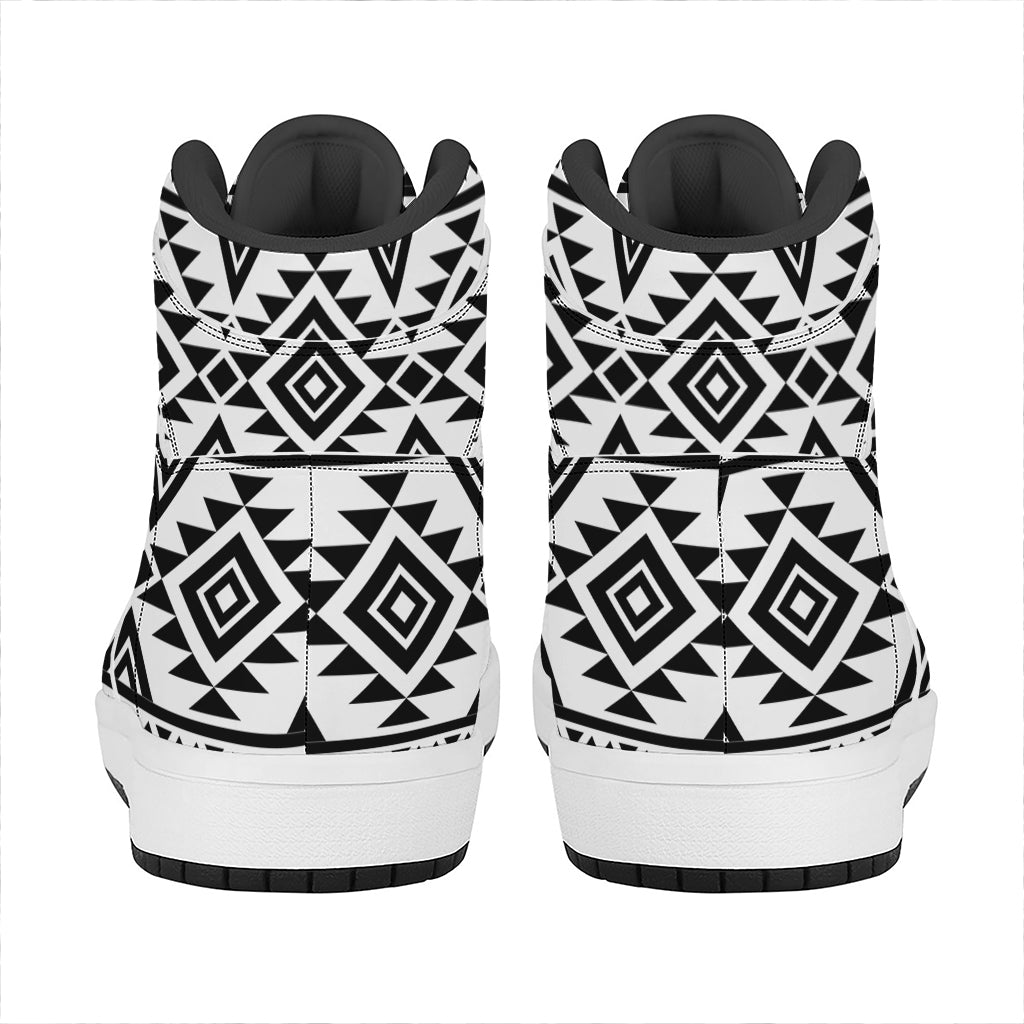 White And Black Aztec Pattern Print High Top Leather Sneakers