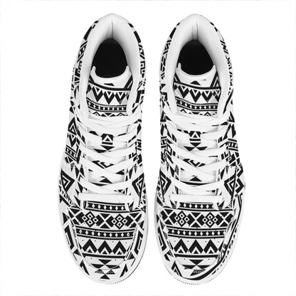 White And Black Aztec Pattern Print High Top Leather Sneakers