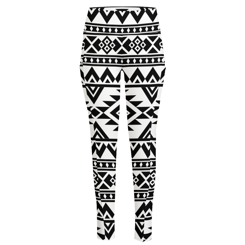 White And Black Aztec Pattern Print High-Waisted Pocket Leggings