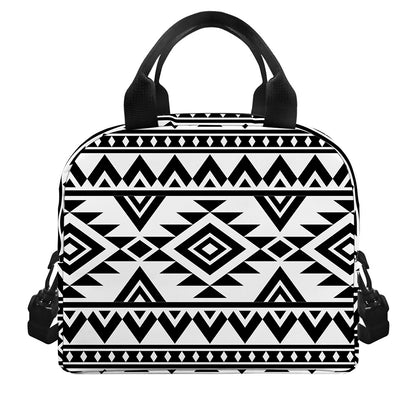 White And Black Aztec Pattern Print Insulated Lunch Bag