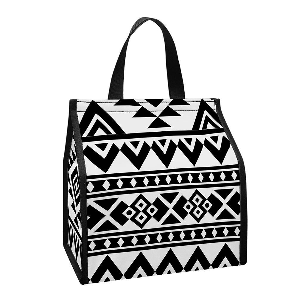White And Black Aztec Pattern Print Insulated Lunch Tote