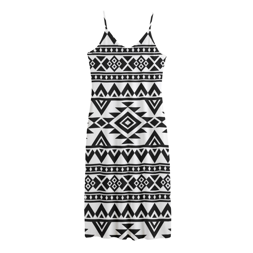 White And Black Aztec Pattern Print Jersey Midi Cami Dress