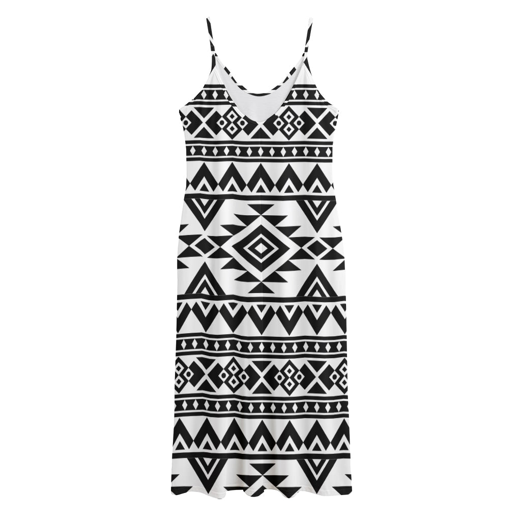 White And Black Aztec Pattern Print Jersey Midi Cami Dress