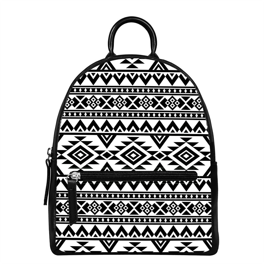 White And Black Aztec Pattern Print Leather Backpack