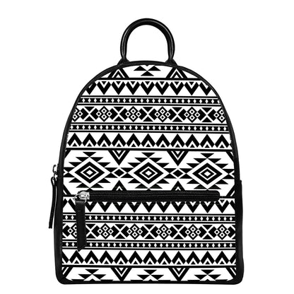White And Black Aztec Pattern Print Leather Backpack