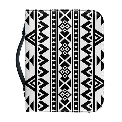 White And Black Aztec Pattern Print Leather Bible Cover