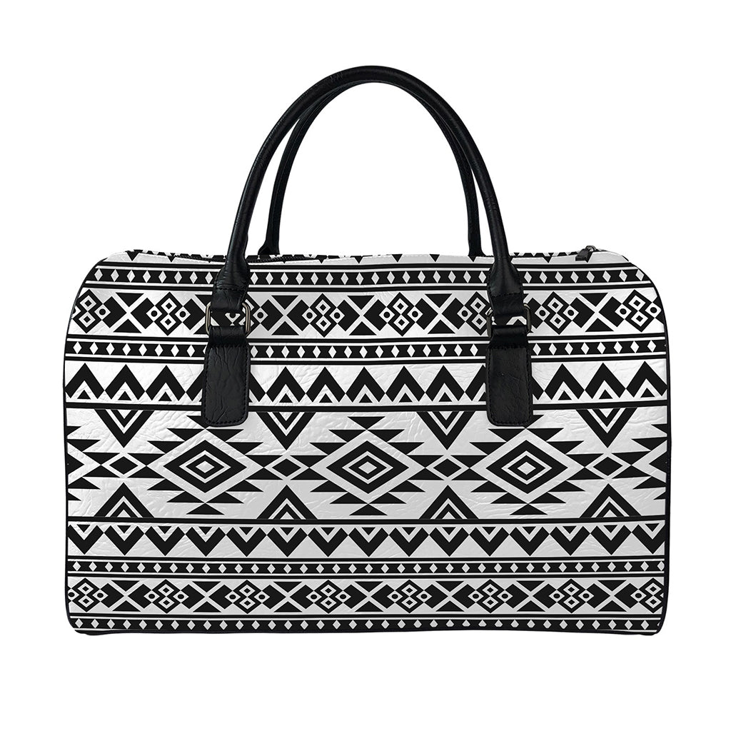 White And Black Aztec Pattern Print Leather Duffle Bag