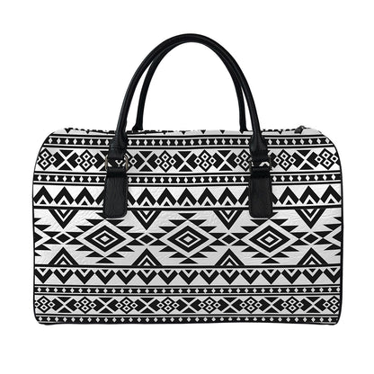 White And Black Aztec Pattern Print Leather Duffle Bag