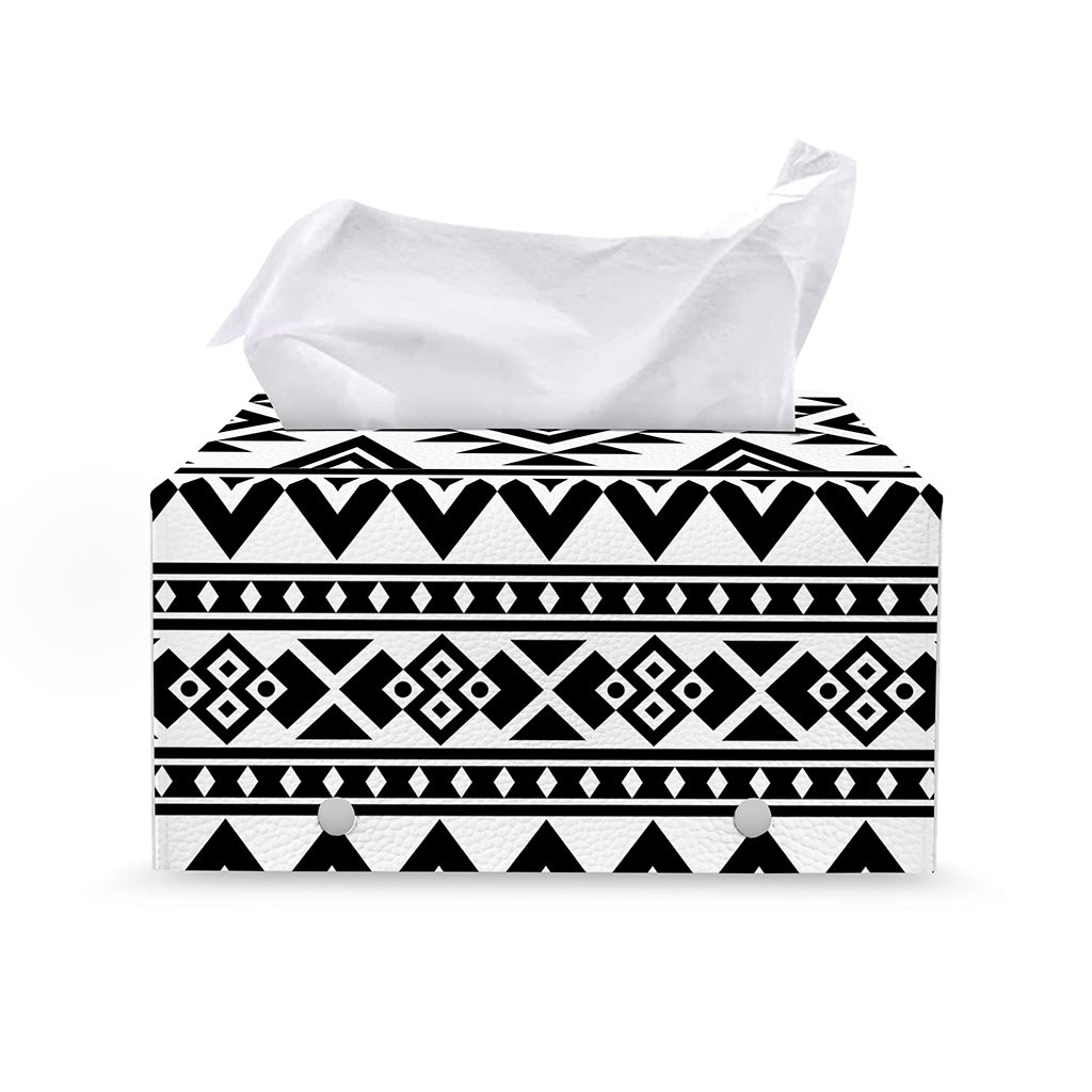 White And Black Aztec Pattern Print Leather Tissue Box Cover