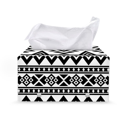 White And Black Aztec Pattern Print Leather Tissue Box Cover