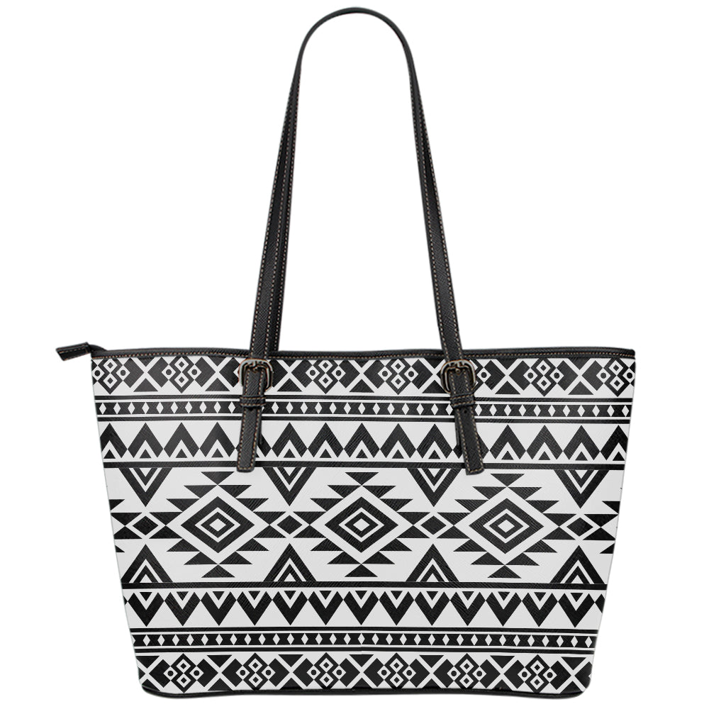 White And Black Aztec Pattern Print Leather Tote Bag