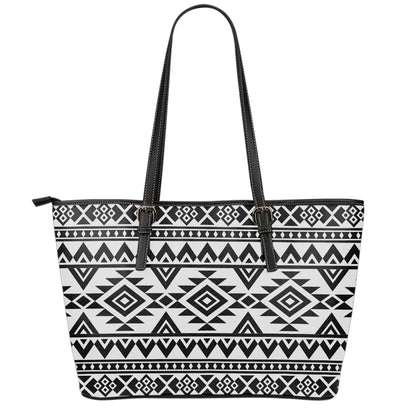 White And Black Aztec Pattern Print Leather Tote Bag