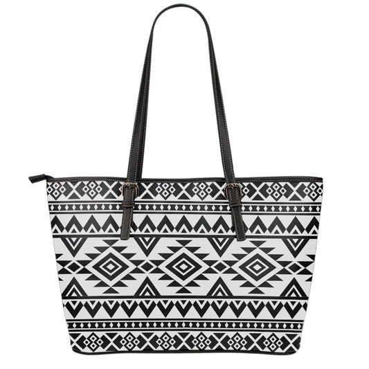White And Black Aztec Pattern Print Leather Tote Bag