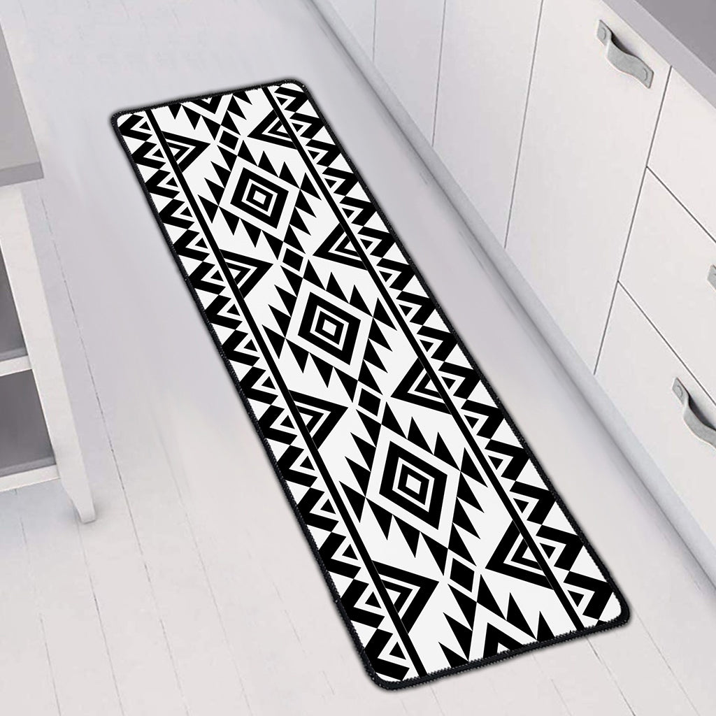 White And Black Aztec Pattern Print Long Kitchen Mat